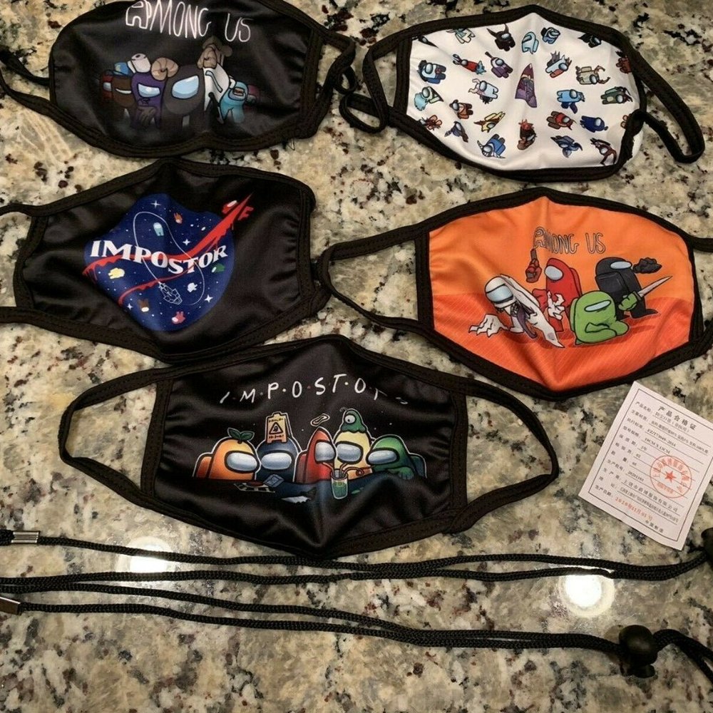 Among Us Child's Face Mask Bundle 5 Masks 2 Lanyards & 10 Carbon Filters NIP